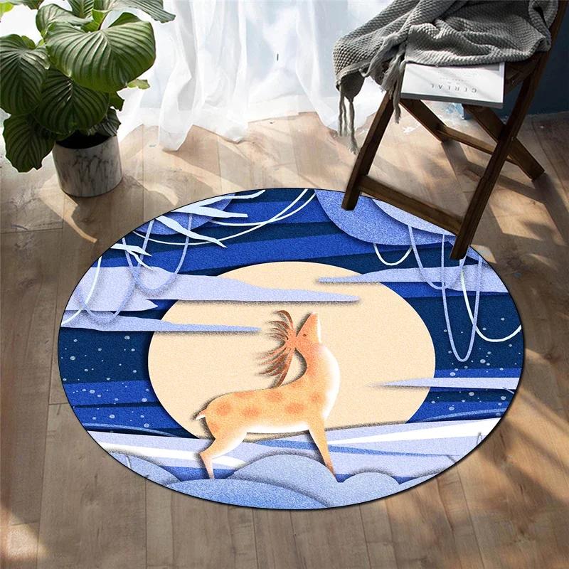 Forest Deer Round Carpet Soft Cartoon Rug Non-Slip Circle Floor Mat for Living Room Bedroom Sofa Bathroom Children's Dorm Decor