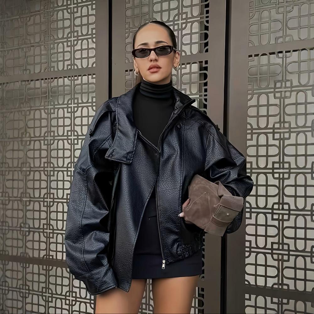 **Women's Faux Leather Jacket Cropped Loose Biker Style PU Leather Coat Spring Autumn Motorcycle Jacket**