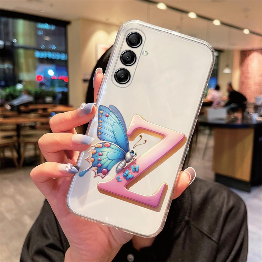 For Samsung Galaxy A54 A14 A34 A24 Blue Butterfly Flower Letters A-Z Couple Phone Case Transparent Clear Silicone Bumper Cover