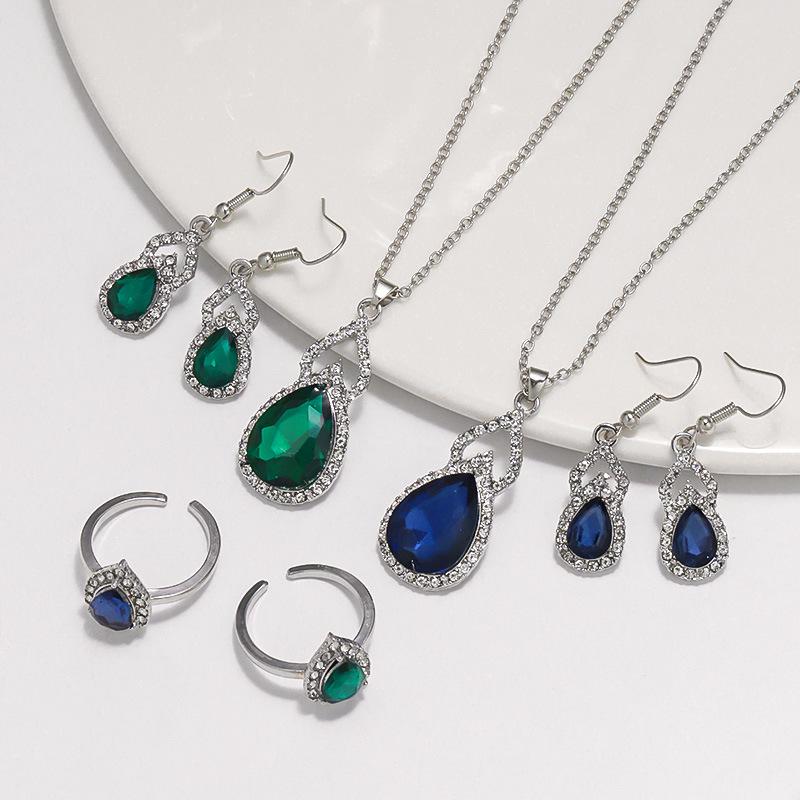 Elegant Zircon Jewelry Set: Necklace, Earrings & Ring with Gourd Design
