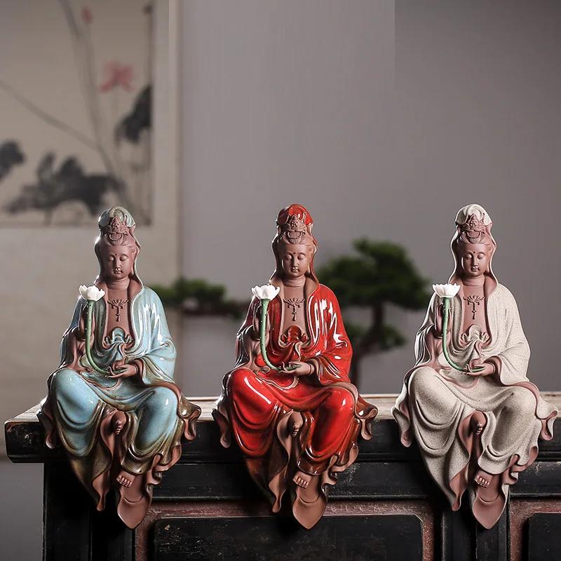 Zisha Guanyin Zen Statue Dekorationen, Keramik Buddha Statuen mit sitzendem Bodhisattva, Klassisch Chinesisch, Kreativ, 1 Stück