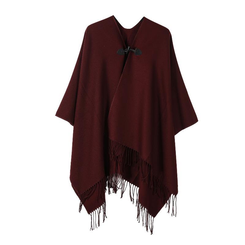 Women’s V‑Neck Knitted Poncho Cape with Toggle Buckle – Mid‑Length Autumn Winter Fringe Shawl Cardigan