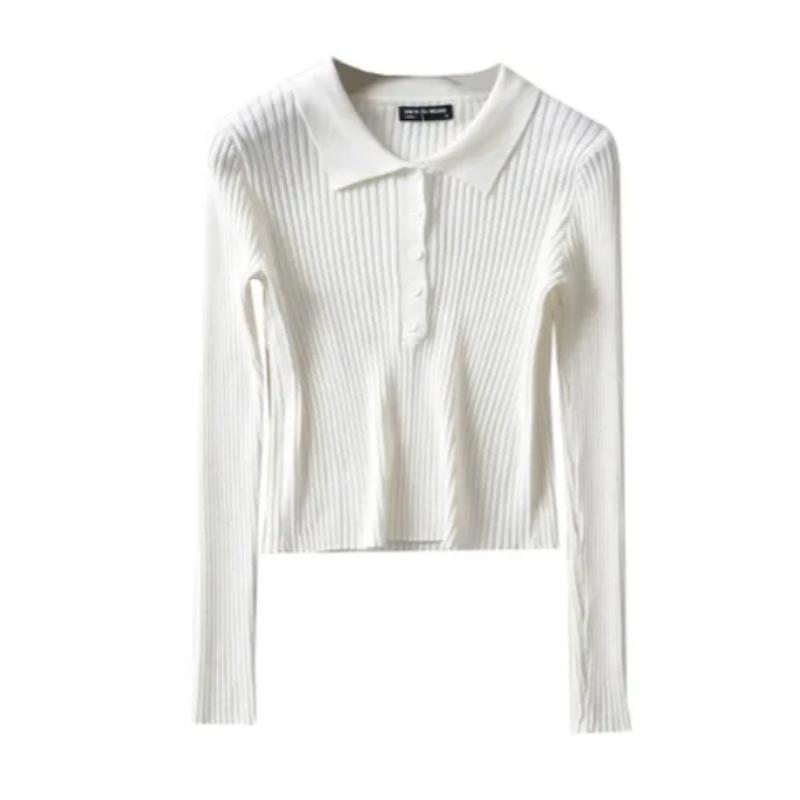

Женский тонкий свитер весна-осень в стиле ретро с маленькими лацканами, облегающий топ с застежкой-молнией, с высокой талией, короткий, с длинным рукавом, трикотажная рубашка, пуловеры S белый