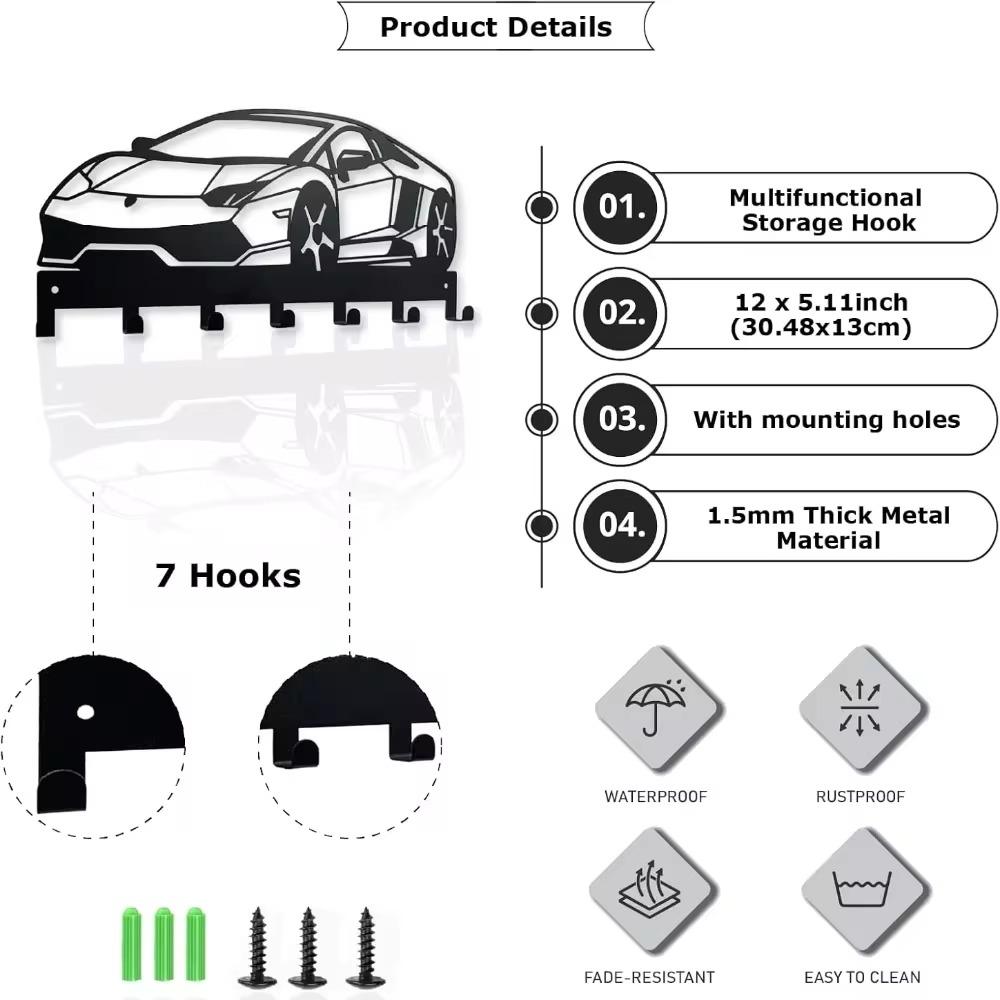 1pc Metal Wall Key Holder (7-Hook) - Black Decorative Organizer for Car Keys, Wall-Mounted for Front Entryway