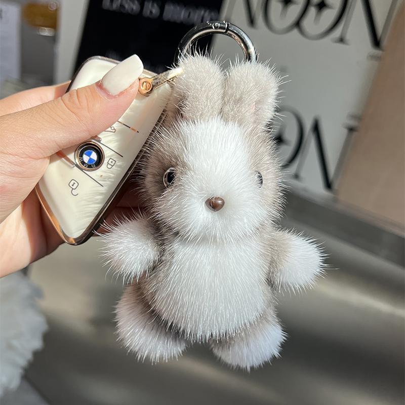

Cute Rabbit Real Mink Fur Key Chains Plush Bunny Toy Girls Schoolbag Charm Ornaments Women Car Keyrings Rearview Mirrors Pendant About 12cm сірий колір
