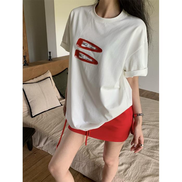 

Хлопковая футболка с принтом, круглым вырезом и короткими рукавами, женская летняя, средней длины, свободная и тонкая, универсальный повседневный черный топ S