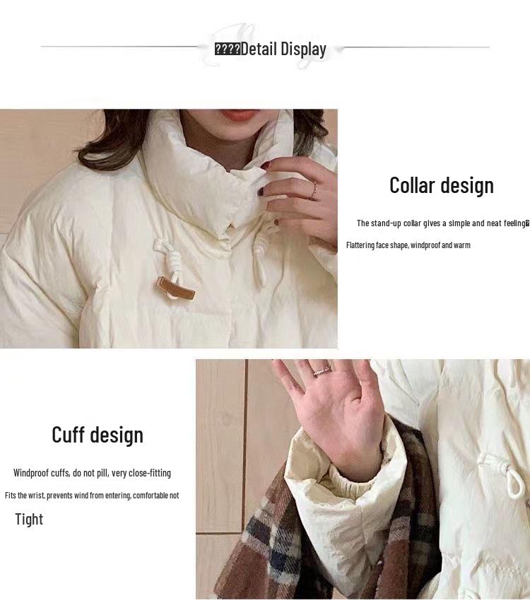 Korean Style White Duck Down Jacket - Stand Collar, Loose Fit, Petite Women's Winter Coat