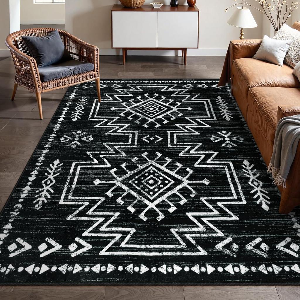 Vintage Aztec Tribal Area Rug Black White Geometric Totem Floor Mat Bohemian Ethnic Carpet for Living Room Bedroom Home Decor