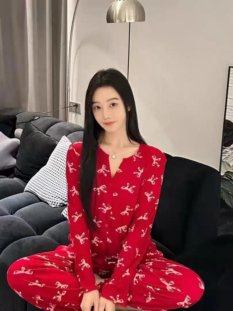 

Розовая модальная пижама с длинным рукавом для женщин - Новая коллекция Весна/Осень 2025 - Носите дома или на улице M (80–100 lbs)