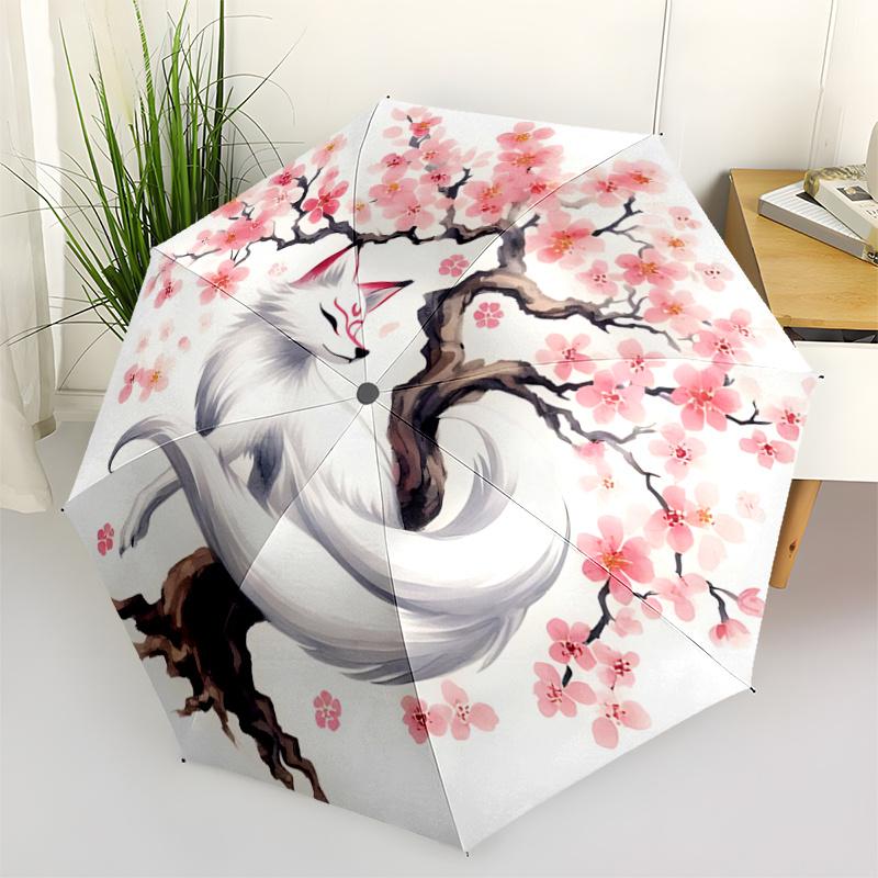 1pc Cherry Blossom Tree and Beautiful White Fox Automatic Umbrella , Portable Compact Umbrella for Men & Women, Valentine's Day Mother's Day Gift.P027