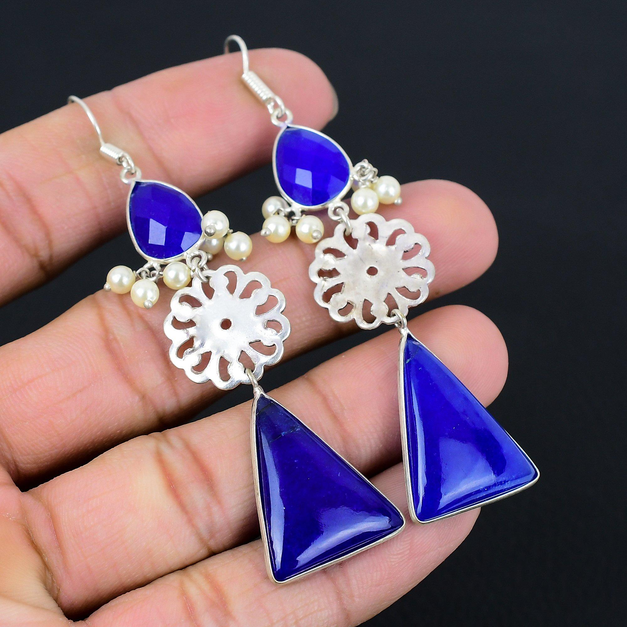 

Sisters Day Deal Blue Sapphire Stone Sterling Silver Dangle Birthday Earrings