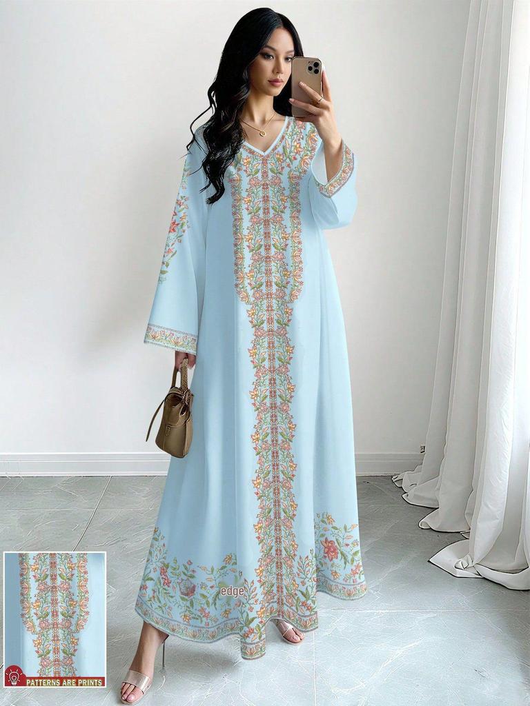 2026 Spring/Autumn Women's Floral Print Muslim Casual V-Neck Loose Bell Sleeve Long Dress