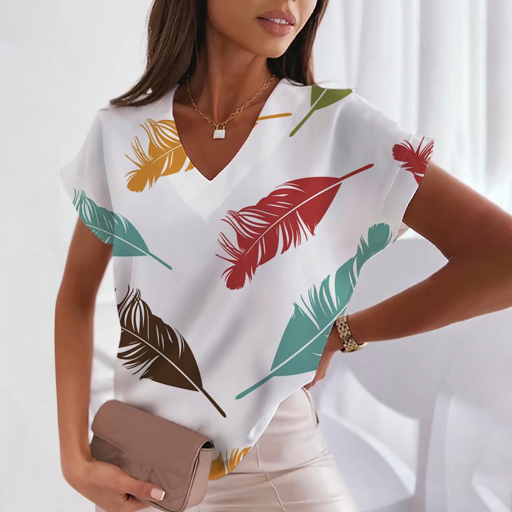 Summer V-neck 3D Feather Printed Top Extremely Simple Style Fashionable Casual Short Sleeved Women's T-shirts
