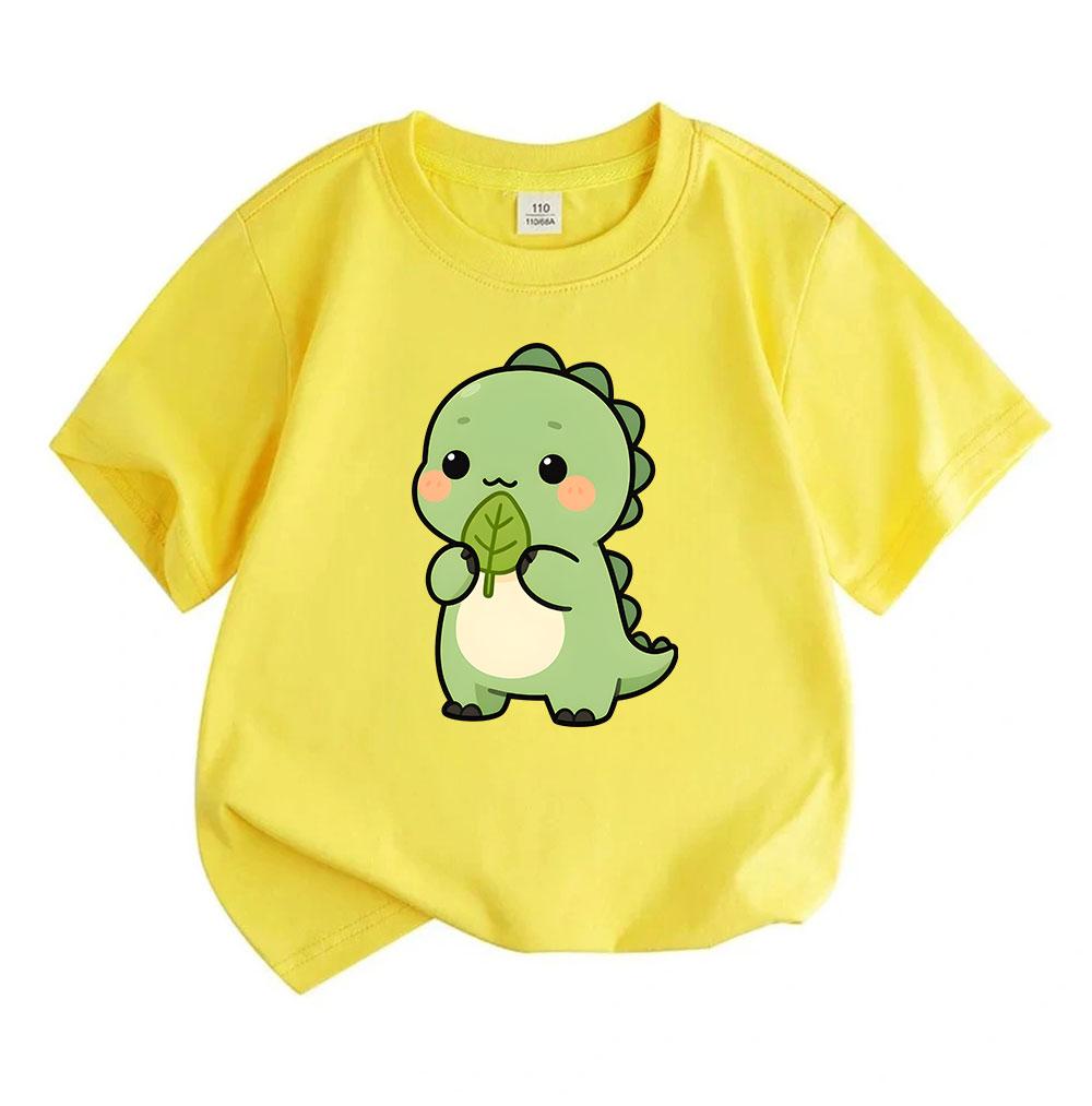 Kids Boys Girls 100% Cotton Crew Neck Short Sleeve T-Shirt, Cute Cartoon Green Dinosaur Print Casual Soft Lightweight Tee Tops for Children Daily Wear