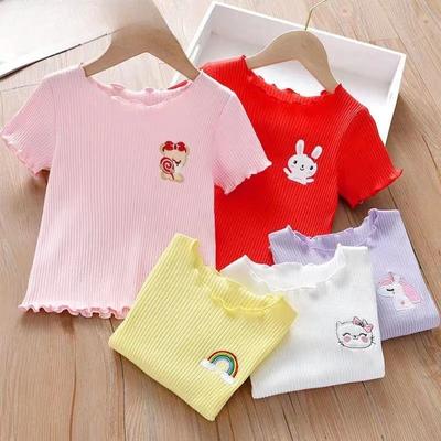 Children's Short-sleeved T-shirt Ice Silk Ruffles Bottom Shirt Little Girl's Baby Foreign Style Embroidery Top Summer Clothing