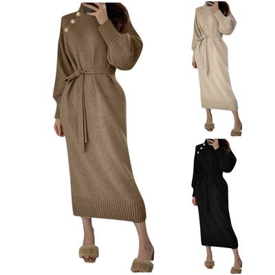 Women's And Winter Fashion Loose Turtleneck Button-down Sweater Solid Color Casual Dress