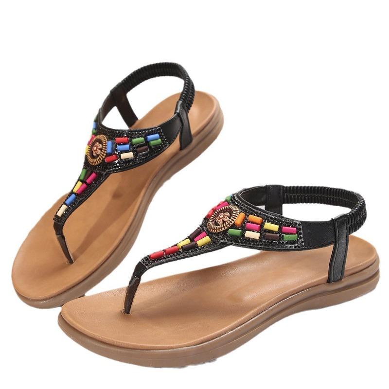 Large Size Sandals Women's New Flat-bottomed Pinch Feet Retro Casual Beaded Bohemian Shoes
