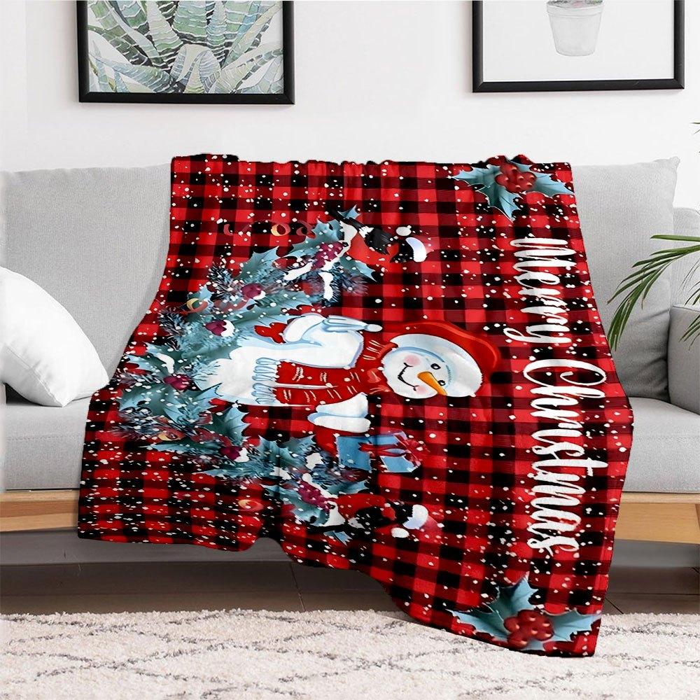 Christmas Snowman Buffalo Plaid Holiday Greeting CardBlanket Flannel Throw Blanket for Sofa, Bed, Travel, Camping, Office, Couch, Chair, And