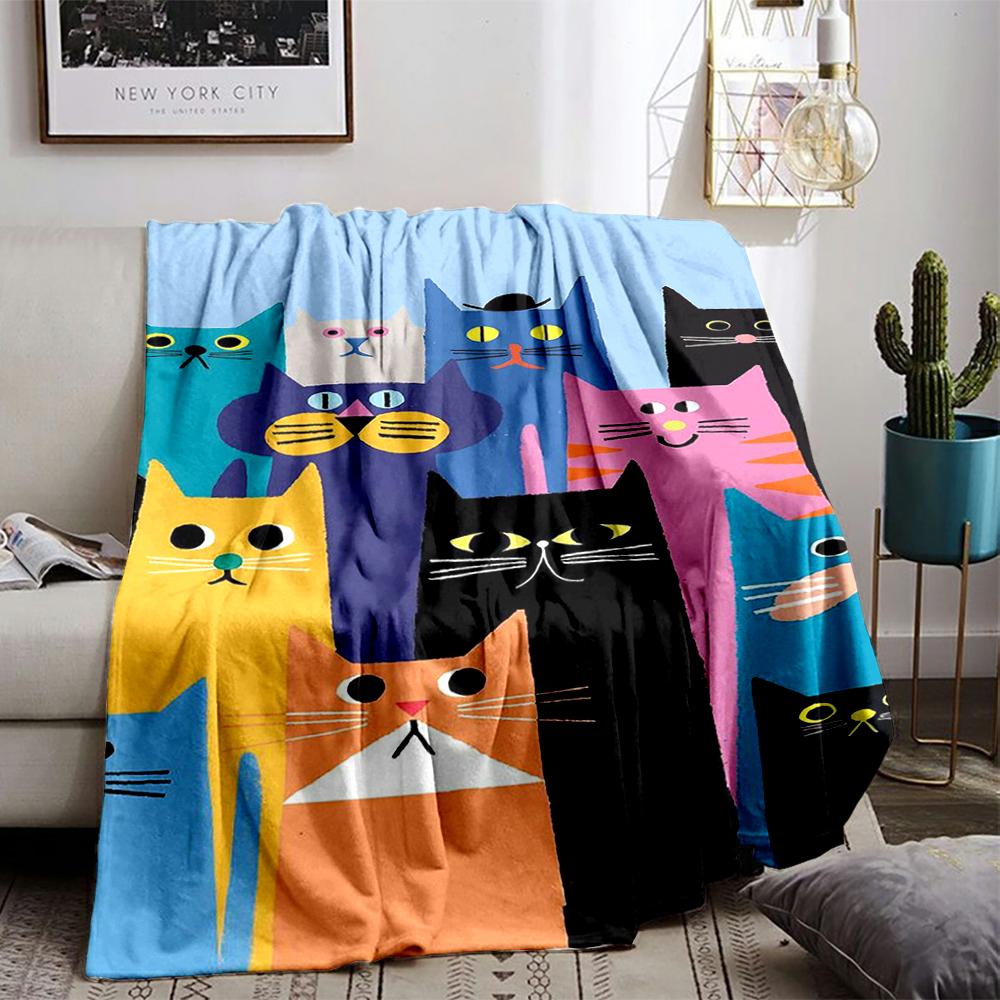 Colorful Cat Art Design Flannel Blanket for Bedroom, Living Room, Sofa, and Nap