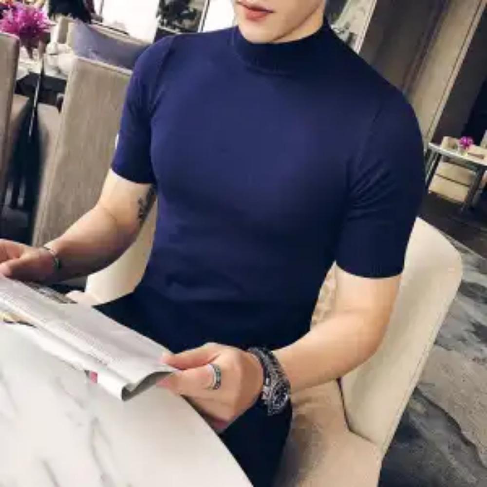 Spring Autumn New Short Sleeve Knitted T-shirts For Men Solid Color Slim Fit Tee Fashion Commuter Korean Tops Male Clothes