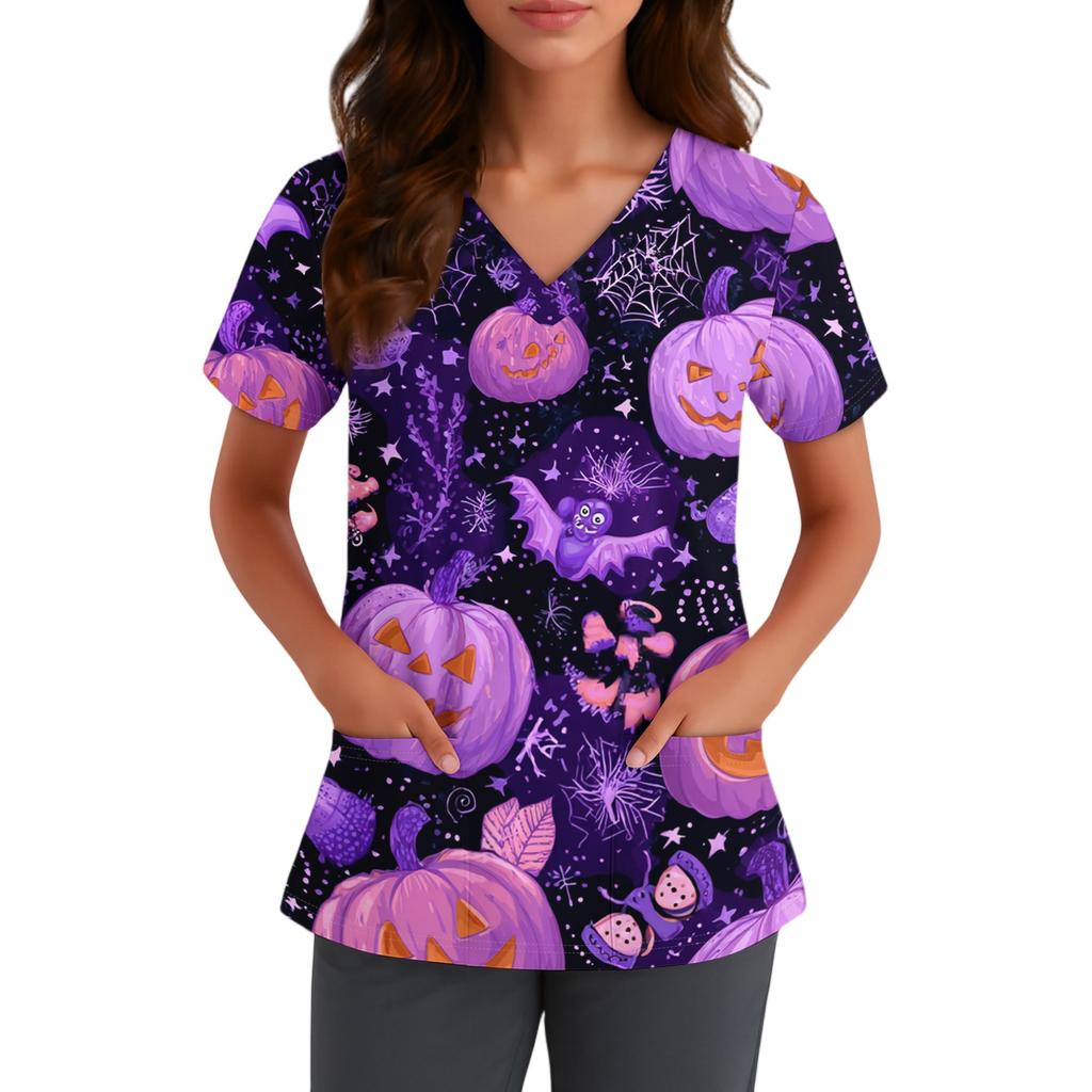 Women V Neck Short Sleeve Work Top with Pocket Halloween Print Scrub Shirt for Healthcare and Service Professionals
