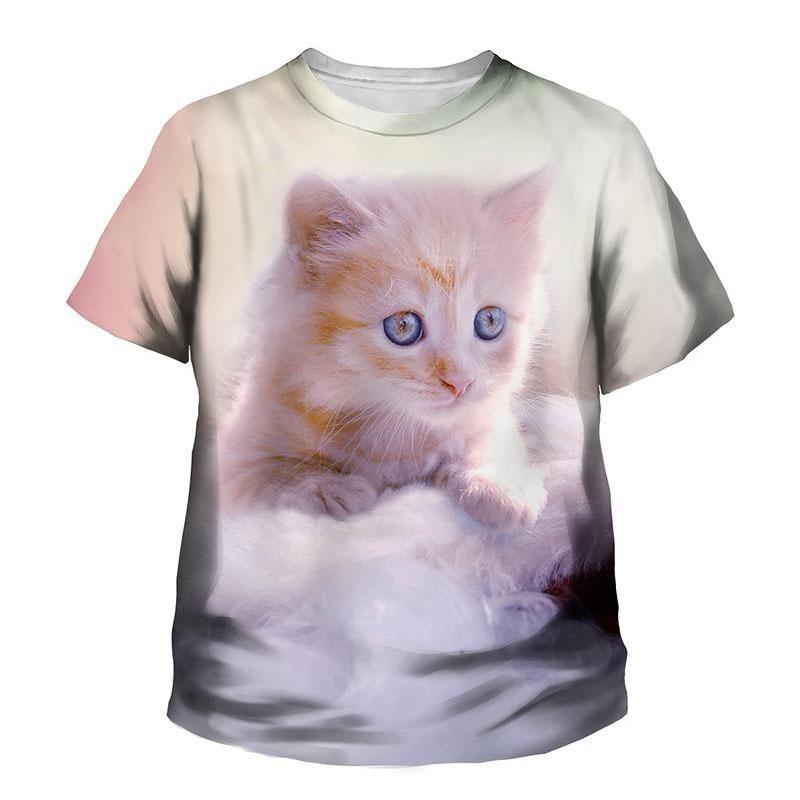 Summer Round Neck 3D Printed Cute Cat Pattern Top Fashionable Casual Short Sleeved Children's Boy and Girl Kids Unisex T-shirts