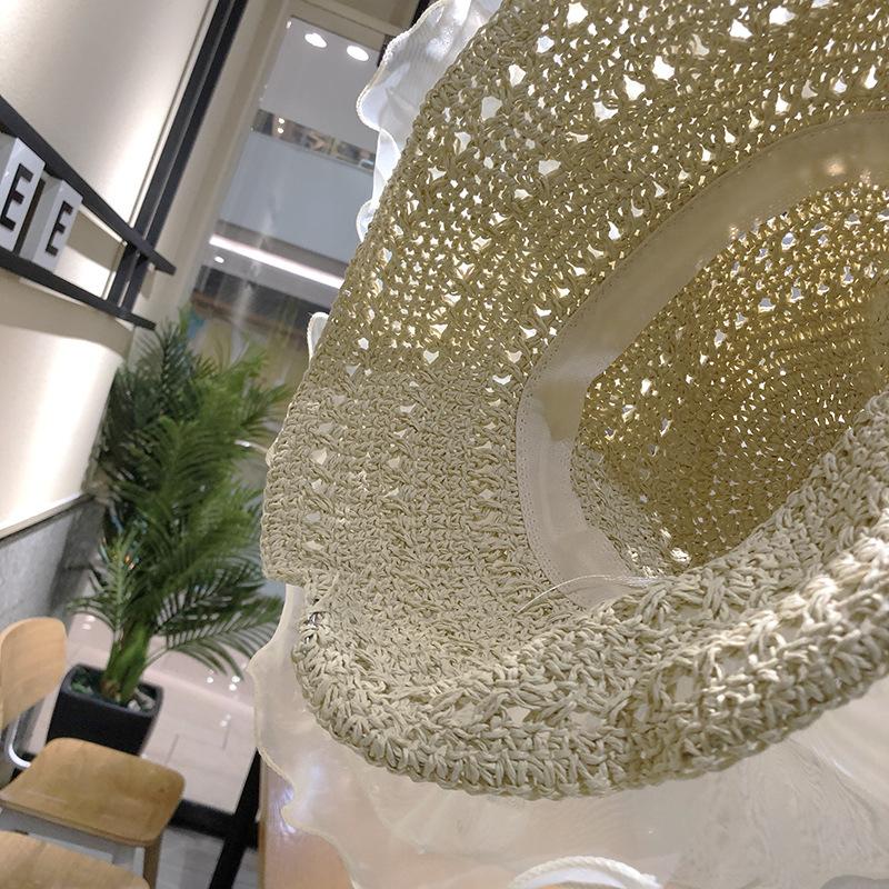 Women's Summer French Style Lace Pearl Trim Straw Woven Hat Wide Brim Japanese Style Beach Sunshade Foldable Sun Protection Hat