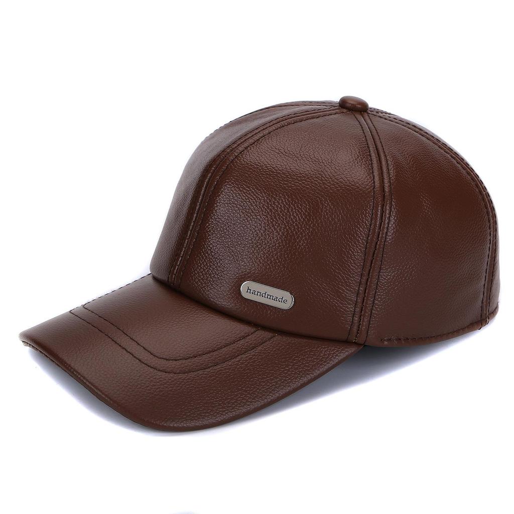 Genuine Leather Cowhide Baseball Cap with Ear Flaps, Adjustable Fleece-Lined Winter Duckbill Hat for Middle-Aged and Elderly Men.