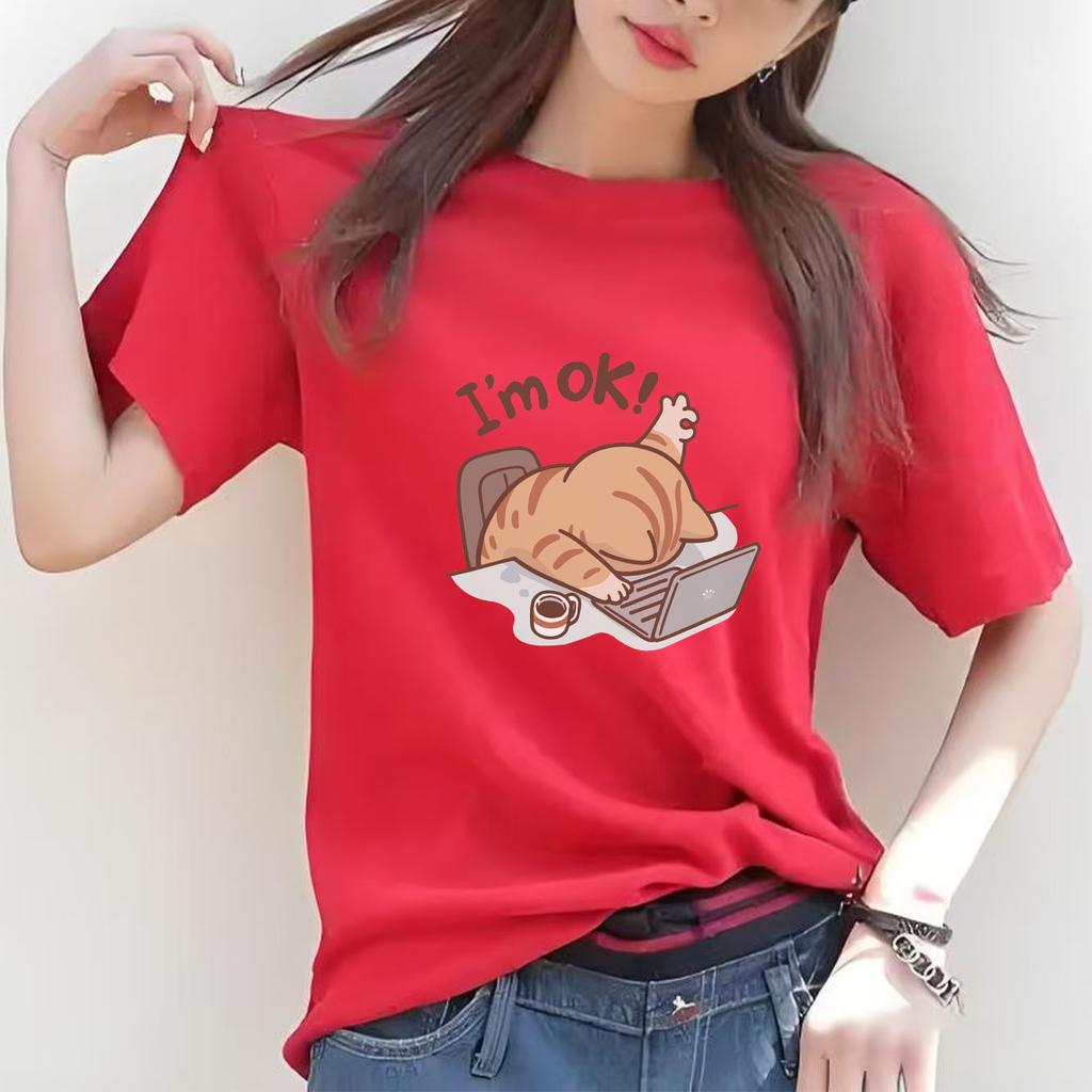 Interesting OK cat cartoon printed short sleeved round neck Womens Tshirt for spring and summer versatile Womens Tshirt
