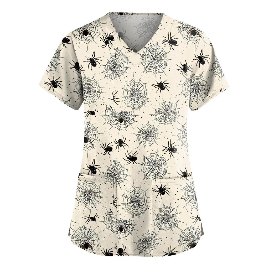 Women's Fashion V-Neck Short Sleeve Overalls With Pockets Halloween Printed Tops  Apparel