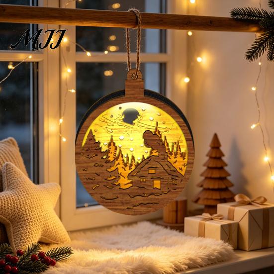 Wooden Christmas Ornaments 3D Light Up Ornament, Layered House Tree Snowman Magnetic Fridge Magnets for Nativity Scene Hanging Decoration Xmas