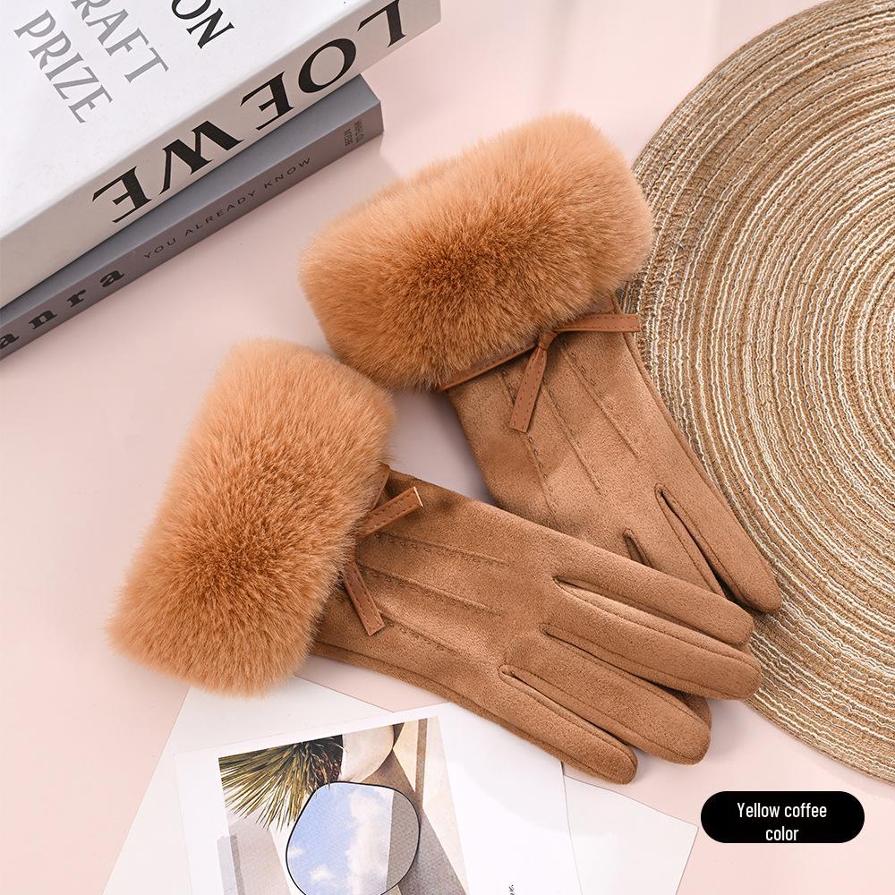 Women's Suede Velvet Bowknot Touchscreen Gloves - Warm & Cozy for Autumn/Winter