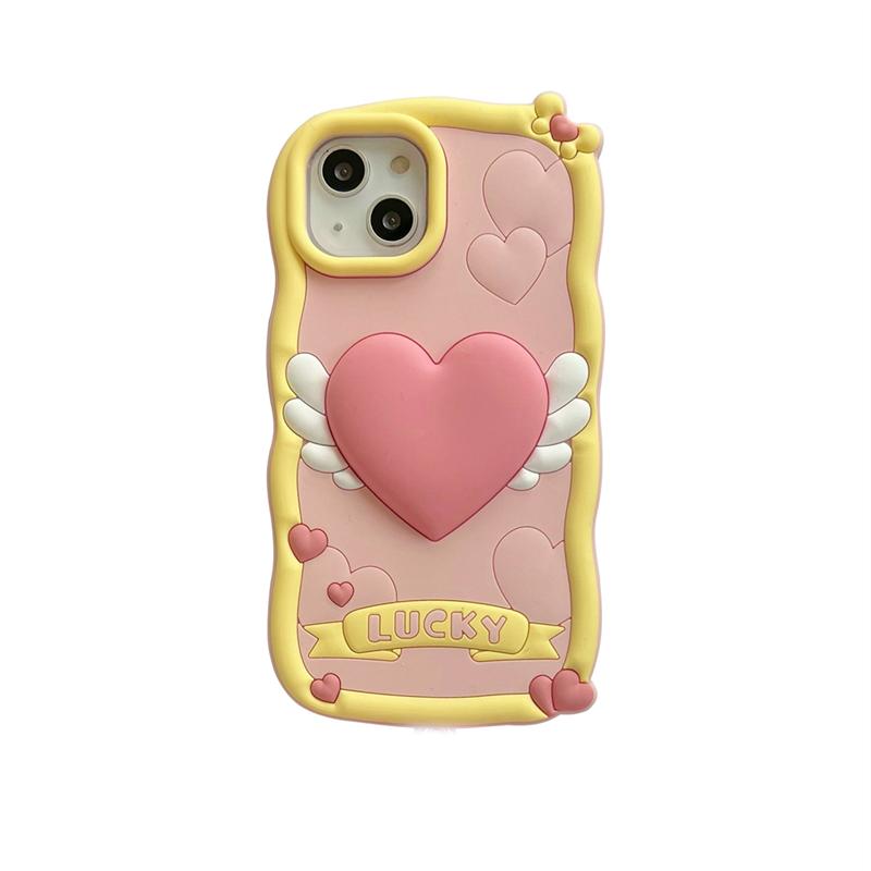 Bonita funda de silicona para teléfono con forma de corazón y alas de amor rosa en 3D para iPhone 14, 13, 12, 11 Pro Max, funda suave a prueba de golpes con ondas coreanas encantadoras