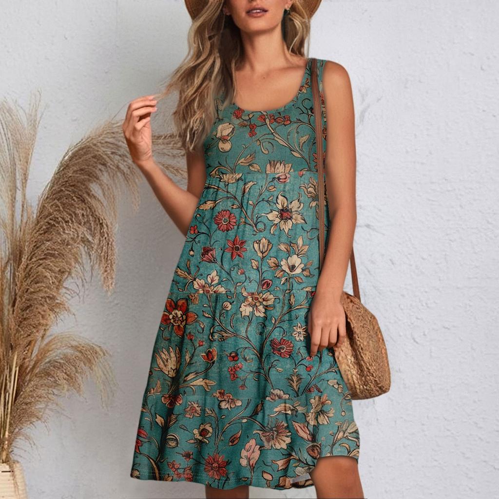 Women Casual Sleeveless Summer Dresses  Spring Patchwork Boho Floral  Cocktail Party  Dress