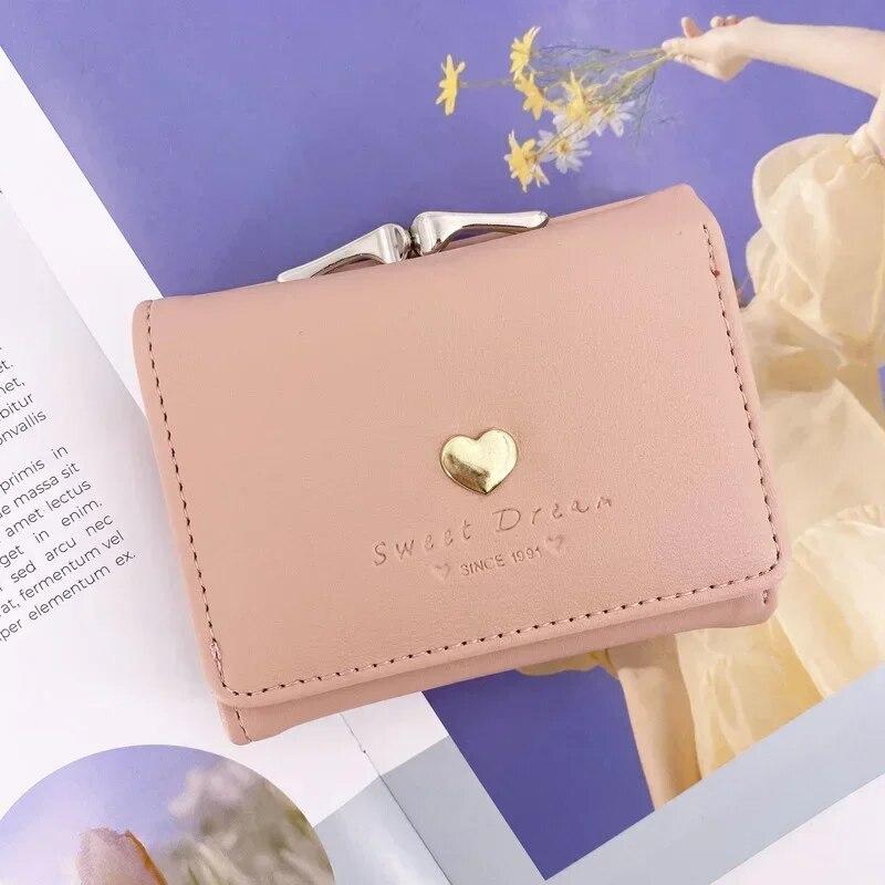 Candy Color Fashion Women Coin Purse Leather Solid Color Vintage Short Wallet Heart Hasp Ladies Girls Card Holder Clutch Bag