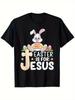 Jesus Is For Easter Christian Graphic Tee Funny Bunny Cross Print Cotton T-Shirt Casual Trip Gift