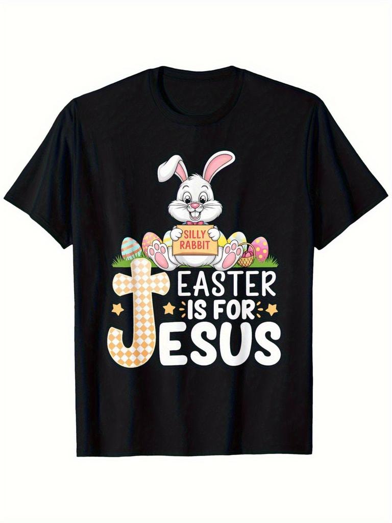 Jesus Is For Easter Christian Graphic Tee Funny Bunny Cross Print Cotton T-Shirt Casual Trip Gift