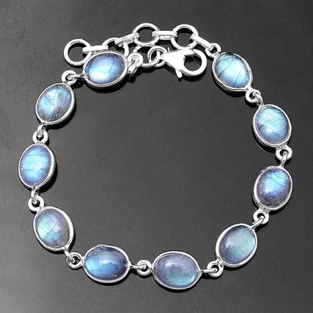 Solid 925 Sterling Silver Natural Labradorite Gemstone Handmade Bracelet Charm Jewelry Gift For Her