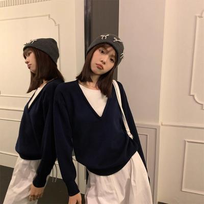 Song Zhengen Navy Blue Fake Two-piece Knitted Sweater Women's Autumn New Loose High-end Lazy Sweater Long-sleeved Top