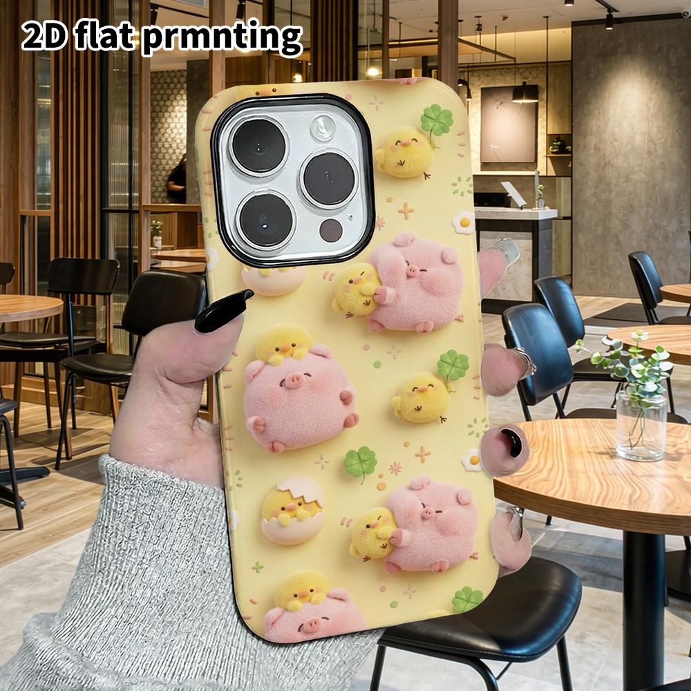 Phone Case: 2D Flat Design Suitable for iPhone 18 17 16 15 14 13 Pro Film Protective Case, Couple Style, Pink Pig and Little Yellow Chick, Christmas a