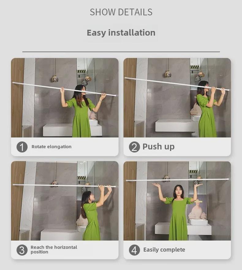 Telescopic Punch-Free Shower, Curtain, & Clothes Drying Rod for Bathroom, Balcony, Bedroom, or Wardrobe Support.