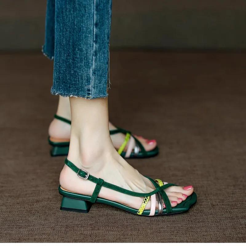 Fashion 2025 Leather Sandals Women Pointed Toe Chunky Heel Women Shoes Summer Shoes for Women Giadiator Shoes Sandalias Mujer