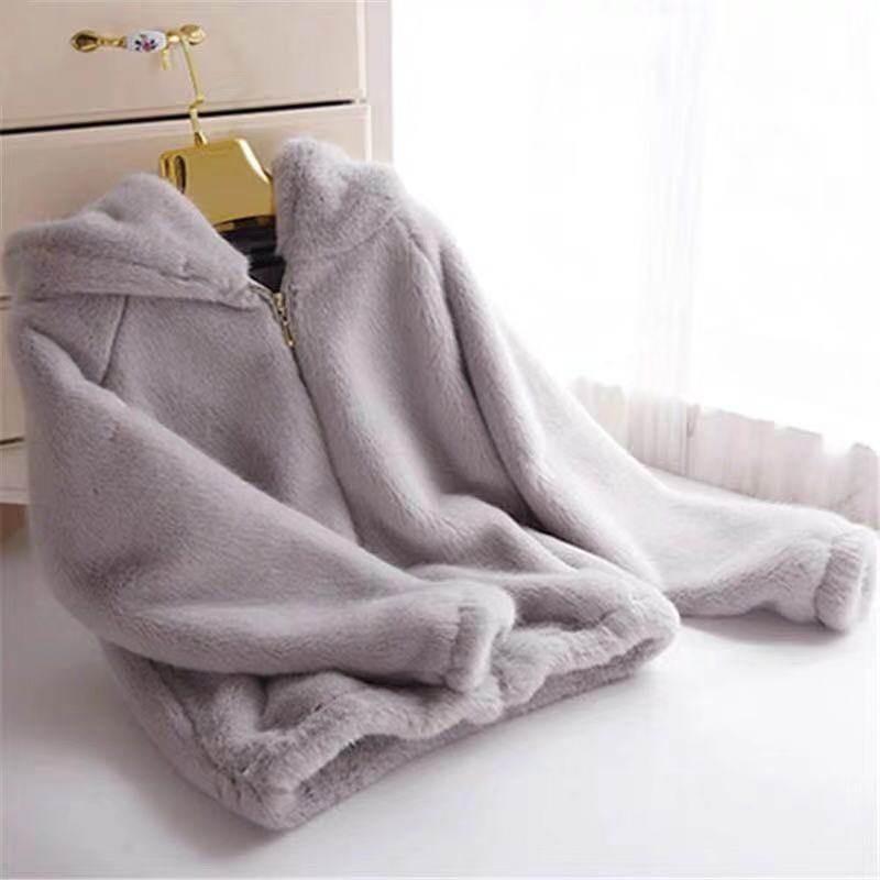 Jacket women's short autumn and winter new imitation rabbit fur loose plush thickened hooded cardigan sweater
