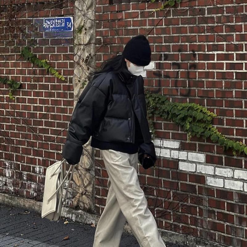 European and American Short Cotton-padded Coat Women's 2025 Winter Loose Slimming Thickened PU Leather Bread Coat