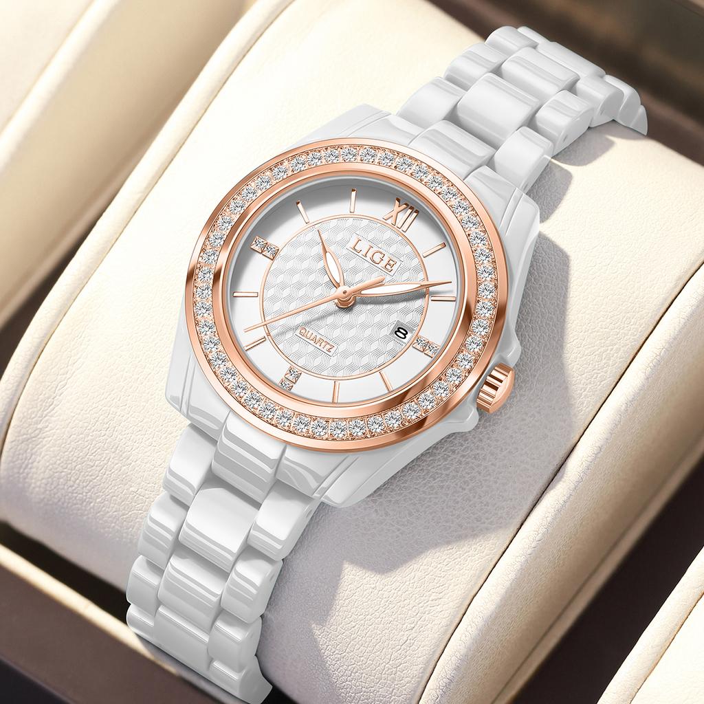 LIGE Damenuhr Armbanduhr Marke Keramik Vintage Lässig Mode Leuchtend Kalender Damenuhr Quarz Elegant Uhr+BOX