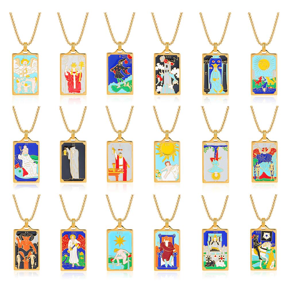 New Design Colorful Enamel Tarot Cards Pendant Necklaces 18K Gold Plated Sun Star Moon Box Chain Choker Jewelry for Women