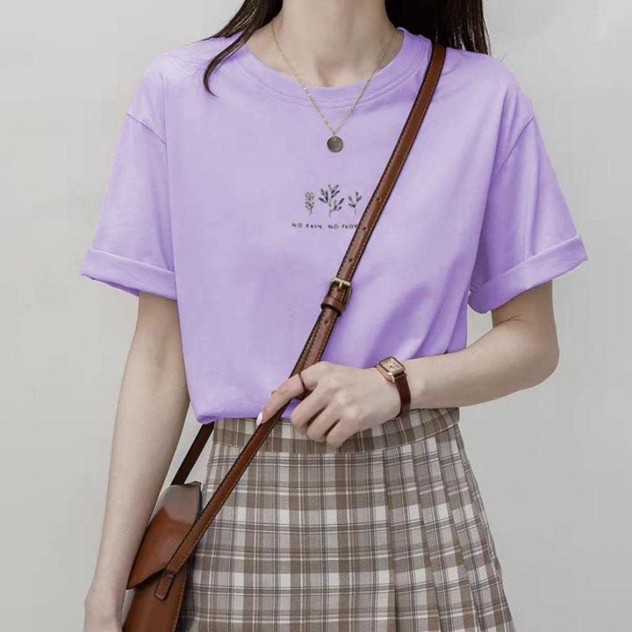Summer Women Crew Neck T-shirt Loose Casual Solid Botanical Print Short Sleeve Tee T-shirts and Long Sleeves