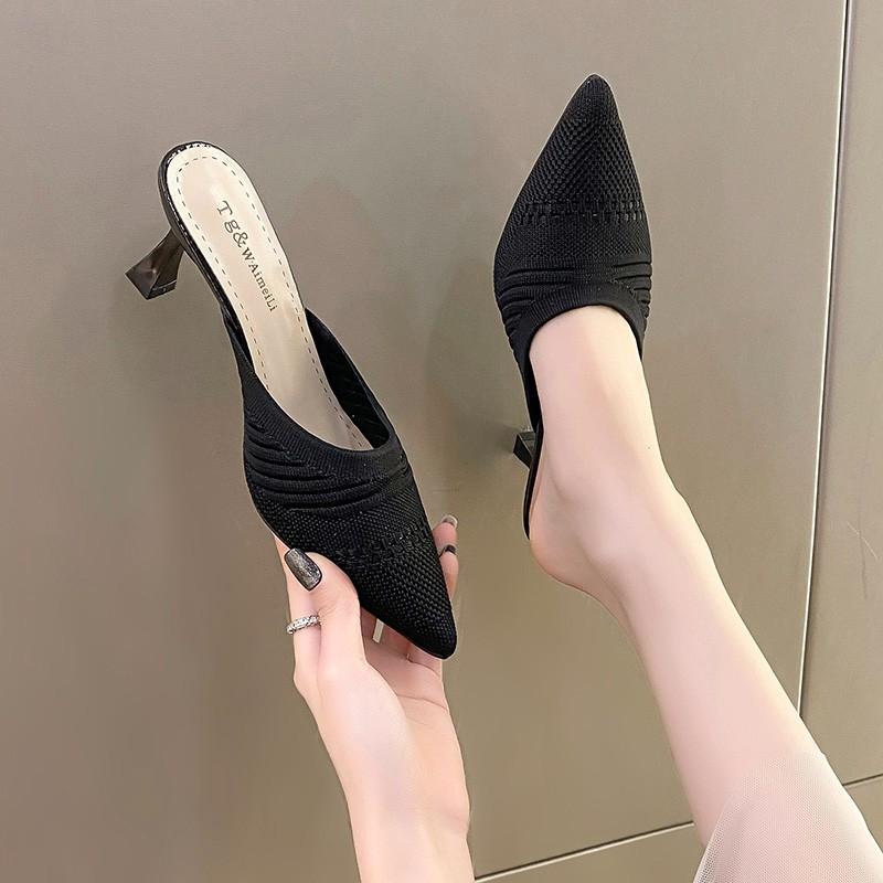 Fashion New Summer Soft Roman Rubber Fabric Slippers Casual Stretch Fabric Baotou Women's Slippers Women's Low Luxurious Pointed Toe