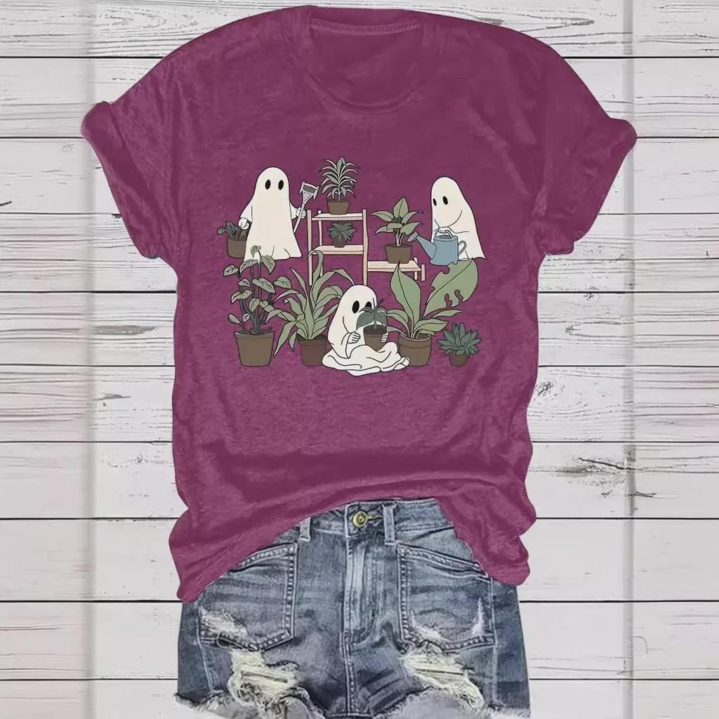 Summer Women's Halloween Ghost Flower Print Round Neck T-Shirt, Casual Fashion, Short Sleeve