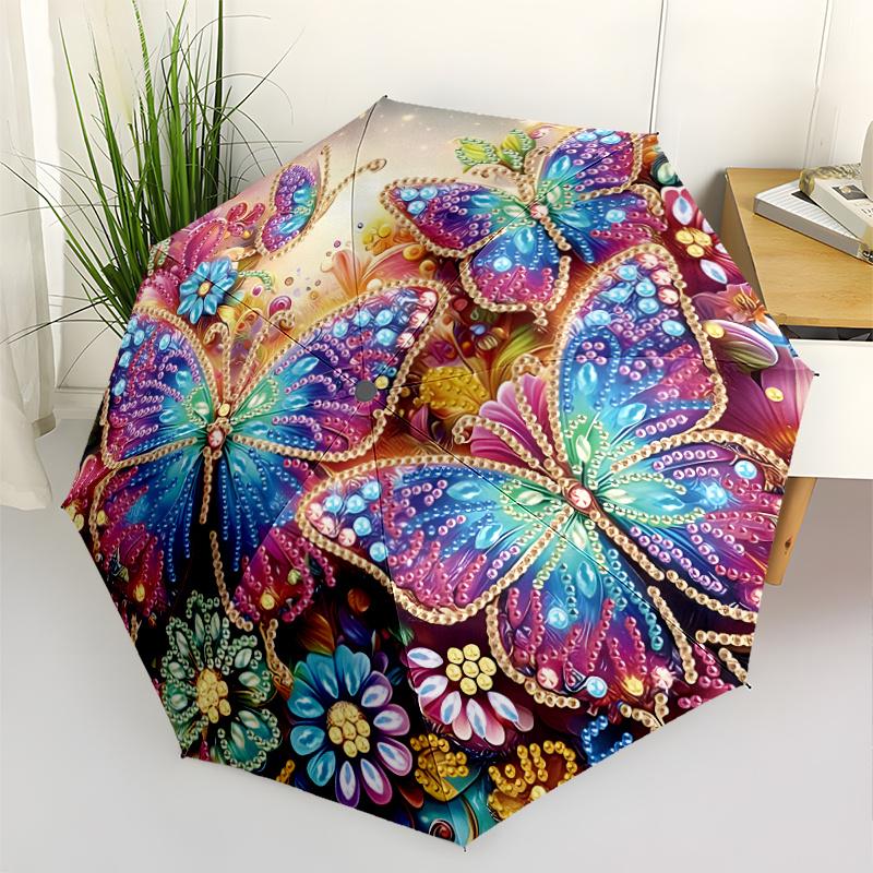 Colorful Butterfly And Rose Print Folding Umbrella Portable And Stylish For Various Occasions Suitable For Outdoor Travel And Commuting Ideal